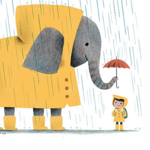 Cute Elephant Friend in Galoshes and Yellow Rain jacket, Summer Rain Magic- Cozy Illustration