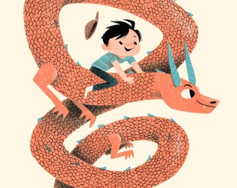 The Adventures of the Boy Dragon Rider and the Mystical Red Dragon- Art Print