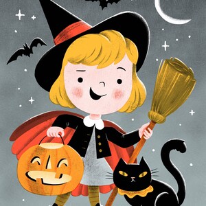 Stampa artistica di Halloween – Piccola strega e gatto nero che fanno "dolcetto o scherzetto" immagine 1