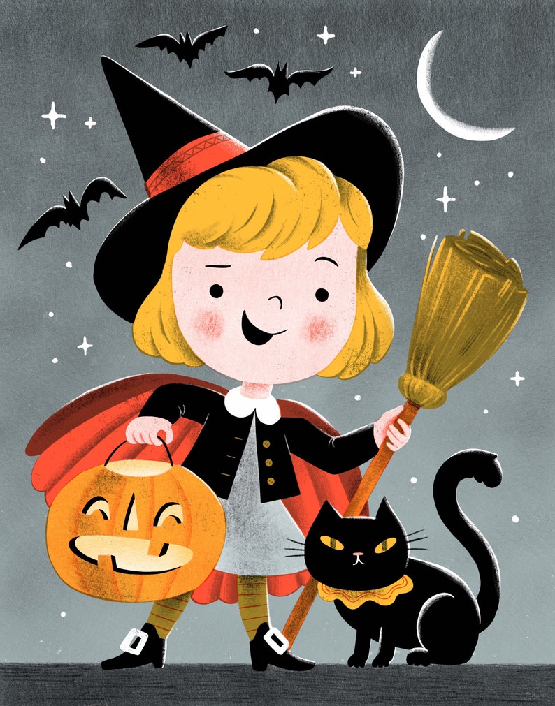 Stampa artistica di Halloween – Piccola strega e gatto nero che fanno "dolcetto o scherzetto" immagine 1
