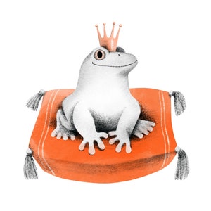 The Crowned Frog Prince on the Royal Pillow, Brother’s Grimm Fairy tale- Art Print