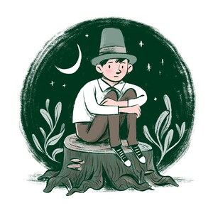 May include: A person wearing a green hat sits on a tree stump in a dark green forest. The moon and stars are visible in the night sky.