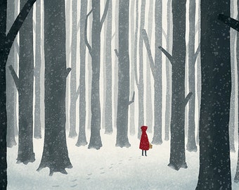 Stampa artistica della foresta invernale di Cappuccetto Rosso (11x17)