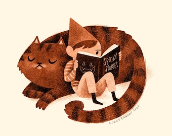 Cozy Cat and Gnome Reading Spooky Stories