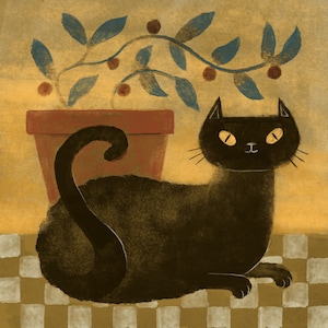 Black Cat Folk Art- Art Print