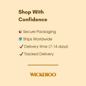 May include: A graphic with the text "Shop With Confidence" on a light brown background. The graphic includes icons and text indicating secure packaging, worldwide shipping, delivery time, and tracked delivery. The brand name "WICKEROO" is at the bottom.