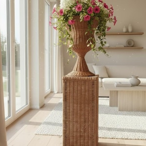Puede incluir: Un pedestal rectangular alto de mimbre rematado con una urna de mimbre acampanada a juego. La urna está llena de un exuberante arreglo de flores de hortensia blancas y flores de petunia de color rosa vibrante con follaje verde que cae por los lados.