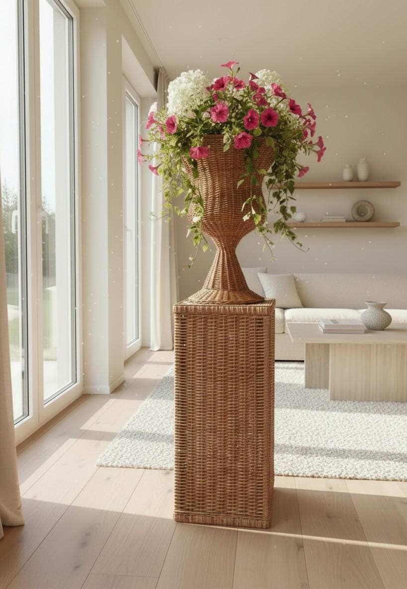Handmade Wicker Flower Vase on Tall Stand Decorative Vase Bohemian Sculptural Decor Modern Minimalist Bridal Gift for Her Home