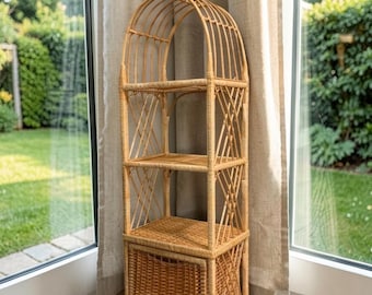 Wicker Book Shelf with Drawer for Books Plants and Storage, Arched Bookcase, Plant Stand, Boho Shelf, Rattan Furniture Decor Home