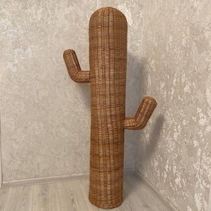 Large Wicker Cactus Decor Sculpture for Patio & Home, Handmade Rustic Desert Art, Mexican  Tiki Style Ornament