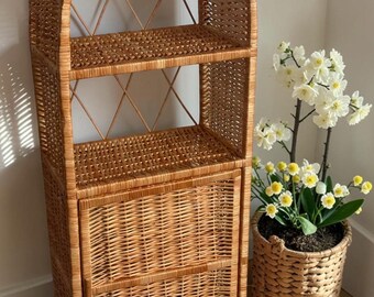 Rattan Wicker Shelf Bookcase Boho Shelving Unit for Plants Books Storage Handmade Shoe Rack Rustic Home Furniture Decor Shelving Unit Etager