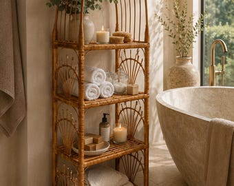 May include: A tall, four-tiered arched rattan shelving unit with a natural light brown finish. The shelves hold white rolled towels, a ceramic vase with greenery, candles, a soap dispenser, stacked soap bars, and a wooden brush, organized neatly.