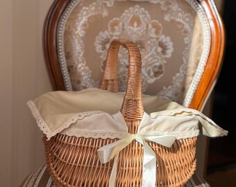 Cesta de Pascua de mimbre con forro de tela, cesta para huevos de Pascua, cesta tejida para regalos de Pascua, cesta para niña de las flores, decoración rústica de Pascua,