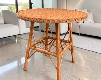 Round Wicker Side Table, Coffee Table for Patio, Outdoor Furniture, Boho Living Room Table, Handmade Wooden Coffee Table Decor