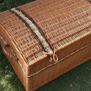May include: A woven wicker trunk in shades of brown, with a curved top and a rectangular shape. The trunk features decorative bands of darker brown and cream-colored wicker. The trunk is sitting on green grass.