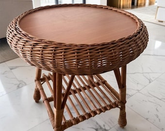 Round Wicker Side Table, Coffee Table for Patio, Outdoor Furniture, Boho Living Room Table, Handmade Wooden Coffee Table Decor