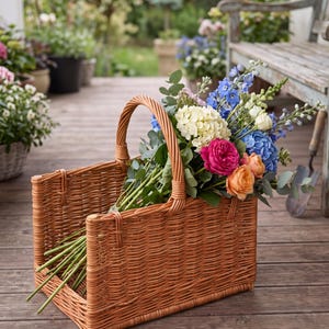 Peut inclure: Un panier rectangulaire en osier tressé doté d'une anse arquée, rempli d'un bouquet de fleurs fraîches comprenant des hortensias blancs, des roses rose vif et orange, des delphiniums bleus et des tiges d'eucalyptus vert.