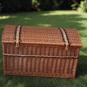 May include: A brown wicker trunk with a domed lid, resting on green grass. The trunk has a rectangular base and is secured with two straps across the top. The straps are a mix of brown and tan. The trunk is a classic storage solution.