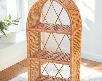 Handmade Rattan Bookshelf with Arched Bookcase Design, Wicker Cabinet Storage, Boho Living Room Furniture Organizer