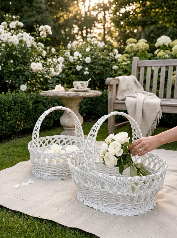 Hochzeit Korb-Set 2 Weiß Wicker Blumen-Mädchen-Korb-Set für Blütenblätter Brautjungfer Trauzeugin Hochzeit Zeremonie Dekor Geschenk
