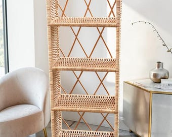 Wicker Bookcase Shelf Handmade Book Display Stand for Reading Nook Decor, Book Lover Gift, Ladder Shelf, Plant Shelf, Kids Bookshelf Storage