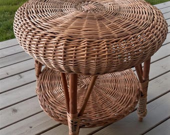 ボヘミアン風籐テーブル、籐サイドテーブル、手作りプラントスタンド、ヴィンテージエンドテーブル、エコ籐装飾