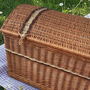 May include: A brown wicker picnic basket with a domed lid, set on a checkered blanket. The basket features a woven design with a decorative band of brown and beige. The basket is on a bed of green grass.
