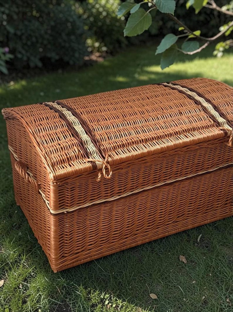 May include: A large, woven wicker trunk in shades of brown. The trunk has a rounded top and is secured with woven straps and rope closures. The trunk is sitting on green grass, suggesting outdoor use. The trunk is likely used for storage.