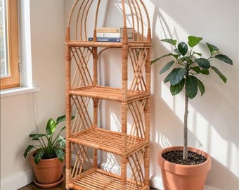 Estante de vime com 4 níveis para plantas, suporte para plantas, móveis boho, estilo rústico costeiro, decoração para casa.