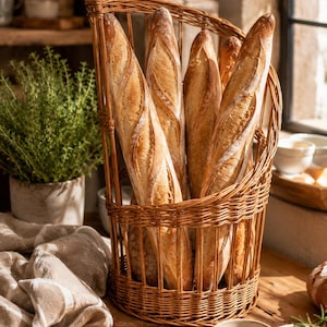 May include: A tall, semi-circular woven wicker basket filled with several golden-brown, crusty French baguettes. The basket features a sturdy, open-frame design with a high back and a rounded base, showcasing the natural light brown wood texture.