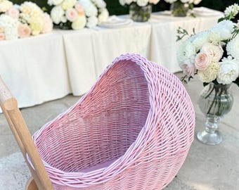 Wicker Baby Carriage for Dolls, Pink Doll Stroller, Wicker Doll Pram with Wooden Wheels,  Girl Baby Shower Gift for Kids
