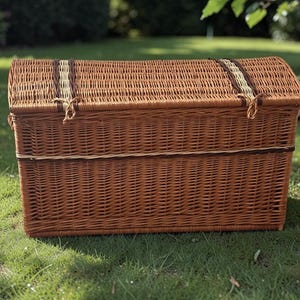 May include: A brown wicker chest with a curved top and a rectangular base. The chest has a woven design with a lighter-colored band around the middle and on the lid. The chest is sitting on green grass.