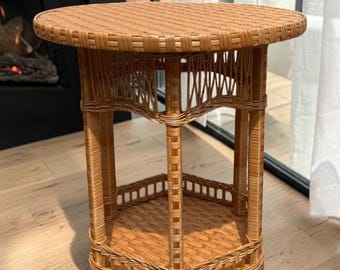 Round Wicker Patio Table Handmade from Willow Vine, Boho Coffee Table, Outdoor Furniture, Small Rattan Accent Table Decor