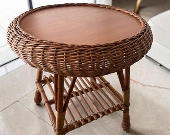 Wicker Coffee Table Round, Rattan Side Table, Patio Furniture, Outdoor Coffee Table, Living Room Furniture, Boho Wooden Table Decor