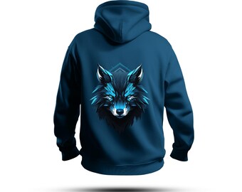 Disegno per maglietta con testa di lupo geometrica in formato PNG, grafica con cappuccio con lupo blu, arte sublimatica di animali tribali, download digitale di lupo blu di ghiaccio in formato PNG