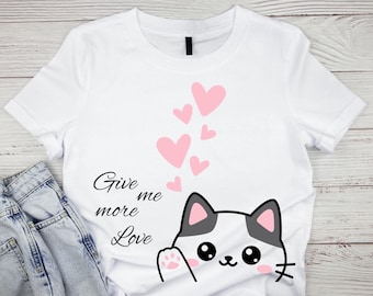 Pacchetto PNG di gatti carini, design di gattini kawaii "Dammi più amore", grafica per maglietta con faccia di gatto che fa l'occhiolino, arte digitale per amanti dei gatti con stampa a sublimazione di gatti