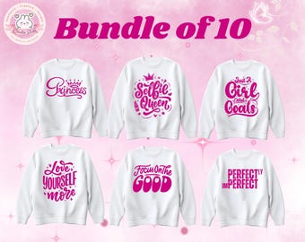 Pacchetto di 10 design estetici per magliette femminili in formato PNG, grafica per felpa con cappuccio Selfie Queen, pacchetto principessa e festeggiata, fantastici design a sublimazione rosa