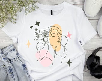 Pacchetto di disegni lineari minimalisti, design di magliette per ragazze floreali estetiche in PNG, disegno di linee femminili moderne, pacchetto digitale di sublimazione.