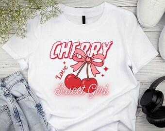 Cherry Love Sweet Girl PNG, design estetico per maglietta Coquette, grafica retrò a sublimazione di ciliegie, maglietta alla moda per ragazze, download digitale di Fruit Art
