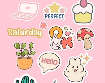 Pacchetto di 170 adesivi estetici carini, adesivi per planner digitale, icone kawaii di animali, cibo e vita quotidiana, foglio di adesivi stampabili, GoodNotes PNG