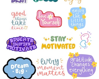 Pacchetto di 70 adesivi motivazionali, adesivi digitali con citazioni motivazionali, affermazioni positive estetiche in formato PNG, adesivi con buone vibrazioni, download immediato