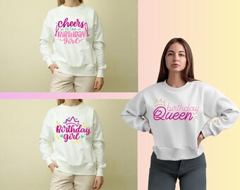 Pacchetto di 3 design di magliette per ragazze di compleanno in formato PNG, grafica per felpa con cappuccio della regina del compleanno, saluti alla ragazza del compleanno in formato PNG, stampa a sublimazione della squadra per feste di compleanno