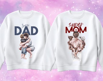 Pacchetto PNG Super Mom e Super Dad, design per maglietta Parent Love, sublimazione per la festa della mamma e del papà, illustrazione di famiglia carina in formato PNG