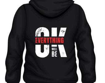 Design per maglietta "Andrà tutto bene" in formato PNG, grafica moderna con cappuccio effetto consumato, design per felpa streetwear urbana, citazione estetica in sublimazione