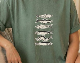 Grafisch shirt sardine vis vintage zeevruchten illustratie T-shirt visser cadeau oceaanliefhebber