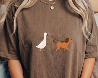 Goose Walking Dog Shirt Funny Animal Role Reversal Graphic Tee