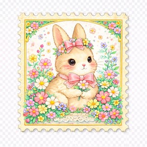 May include: A delightful illustration of a bunny on a postage stamp. The bunny is adorned with a pink bow and a floral crown, set amidst vibrant flowers. The stamp features a scalloped edge and a yellow border.