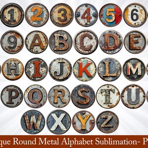 May include: A collection of antique, round metal alphabet letters and numbers, each with a distressed, rusty appearance. The letters and numbers are in various colors, including orange, red, and blue, and are arranged in a grid. The image includes the text "Antique Round Metal Alphabet Sublimation- PNG".