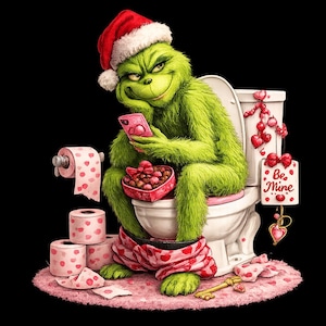 May include: A digital illustration of a green, furry character wearing a Santa hat, sitting on a toilet, and using a pink phone. The scene includes Valentine's Day themed decorations, a heart-shaped box of chocolates, and toilet paper rolls with heart patterns.
