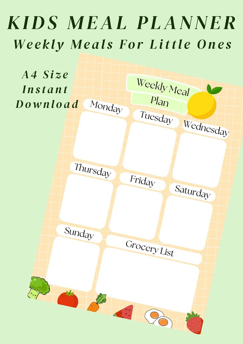 Kids Meal Planner Printable / Weekly Food Chart / Instant Download - Etsy